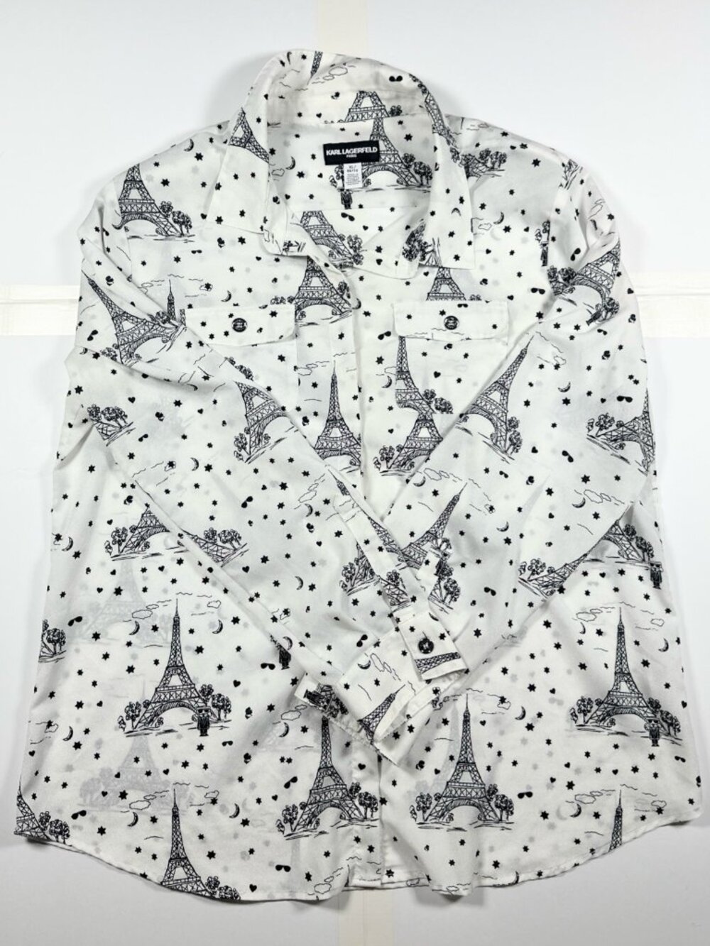 Karl Lagerfeld Women's Size XL Paris Eiffel Tower Blouse Top Long Sleeve Button - Picture 2 of 16